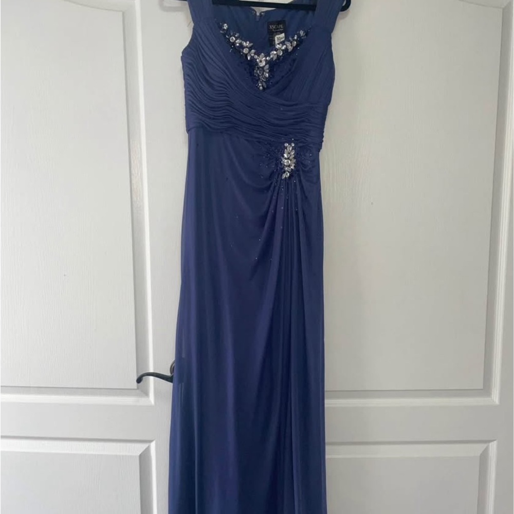 Xscape Blue Ruched Maxi Gown V-Neck Wedding Guest